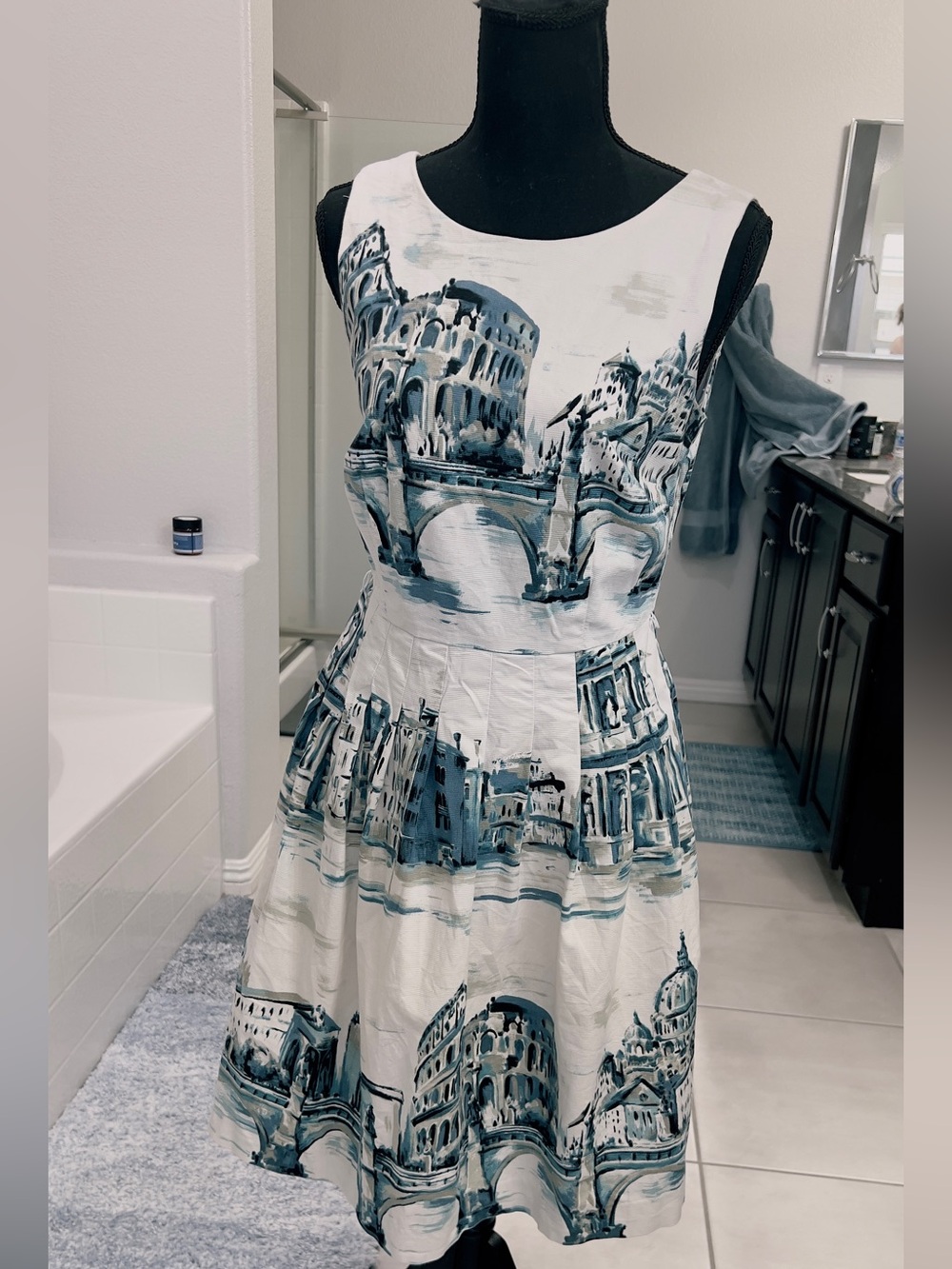 Talbots White Cotton Fit-and-Flare Dress with Blue Scenic Print